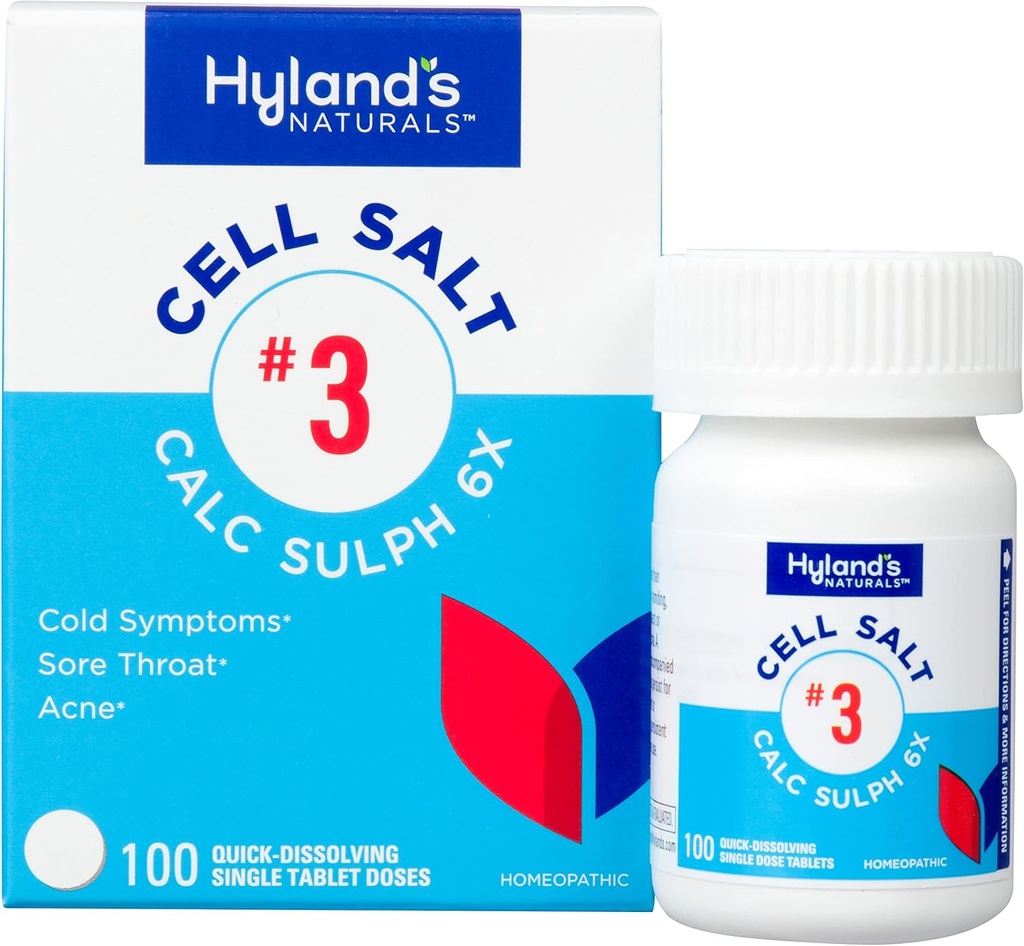 Hyland 's Cell Salt No. 3 Calc Sulph 6X Tablets, Cold Relief, Natural Homeopatic Relief of Colds, Sore Throat, Trądzik, Szybkie rozpuszczenie Tablets, 100 Count