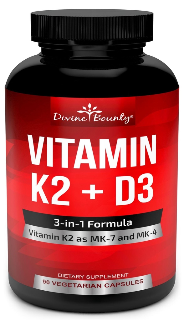 Boski Bounty Witamina K2 (MK7 & MK4) z dodatkiem D3 - Witamina K & D jako MK- 7 100mcg, MK- 4 500mcg i 5000 IU Witamina D3 3- in-1 Formuła - Bone and Heart Support - 90 Non-GMO Kapsułki wegetariańskie