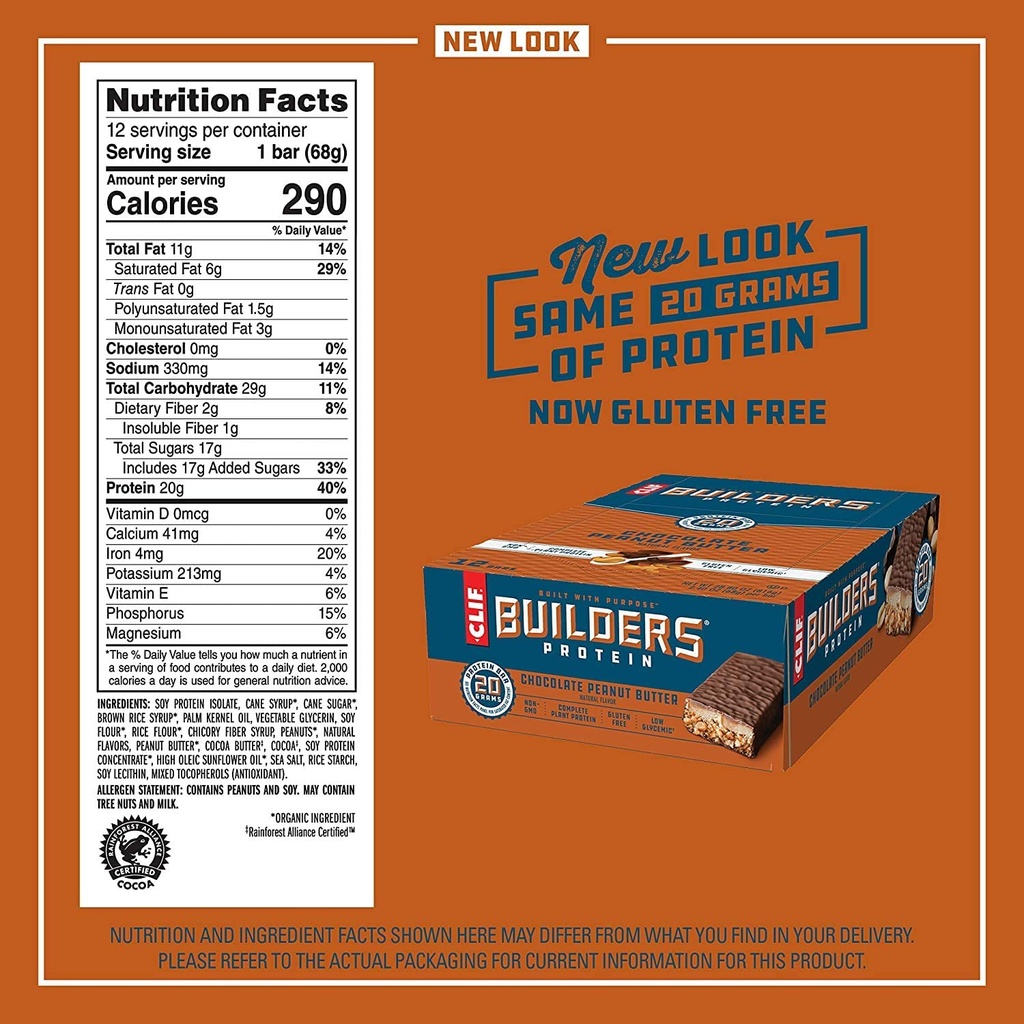 CLIF BUILDERS - Bary proteinowe - Czekoladowy Masło orzechowe Flavor - 20 g Protein (2.4 unce, 12 Count) (Now gluten Free)