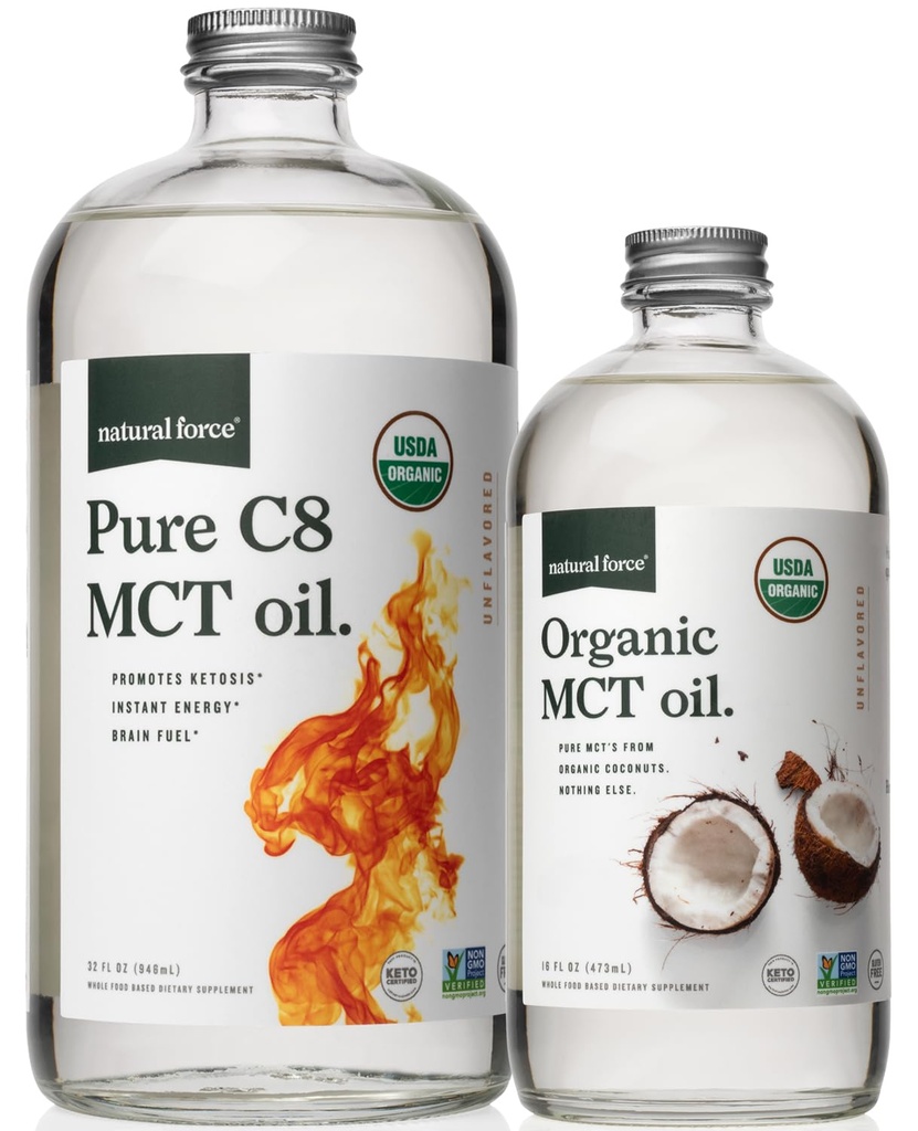 Natural Force Organic Pure C8 + Organic Full Spectrum MCT Oil - USDA Organic, Non GMO, 100% czystego kokosowego MCTs - Keto, Paleo, Vegan i Kosher - 32 Oz & 16 szklane butelki