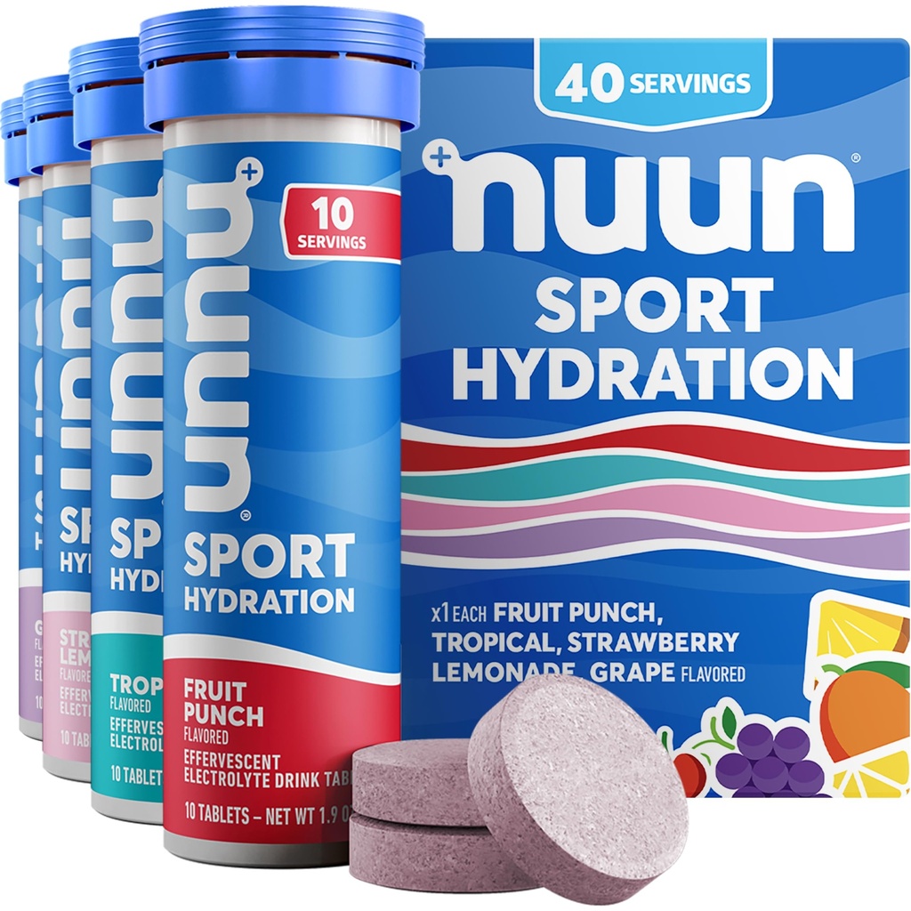 Nuun Sport Electrolyte Tablets z magnezu, Wapń, Potas, Chlorek i Sód, Gluten Free & Wegan, Mieszane aromaty, 4 Pack (40 Służenie ogółem)