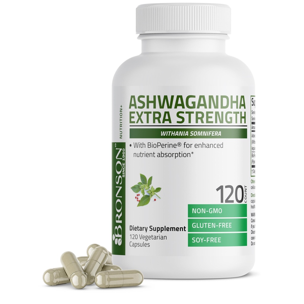 Bronson Ashwagandha Dodatkowa siła Stress & Mood Support z BioPerine - Nie GMO Formuła, 120 Kapsułki wegetariańskie
