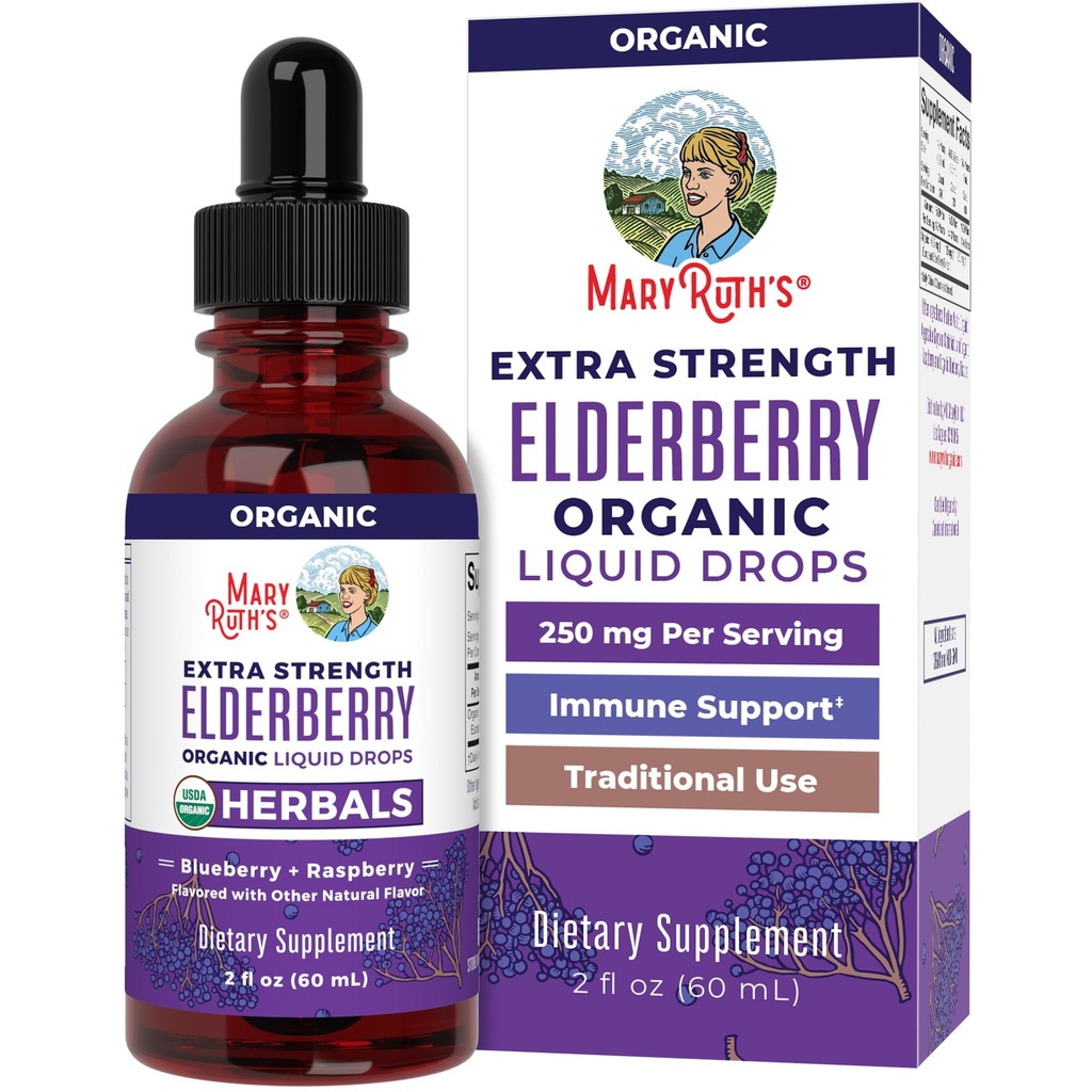 MaryRuth Organics Elderberry Syrop Dodatkowa siła, USDA Organic Elderberry, Sugar Free Dorośli i Dzieci Suplement wsparcia immunologicznego dla wieków 1 +, Clean Label Project Verified ®, Wegan, Gluten Free, 2 Fl Oz