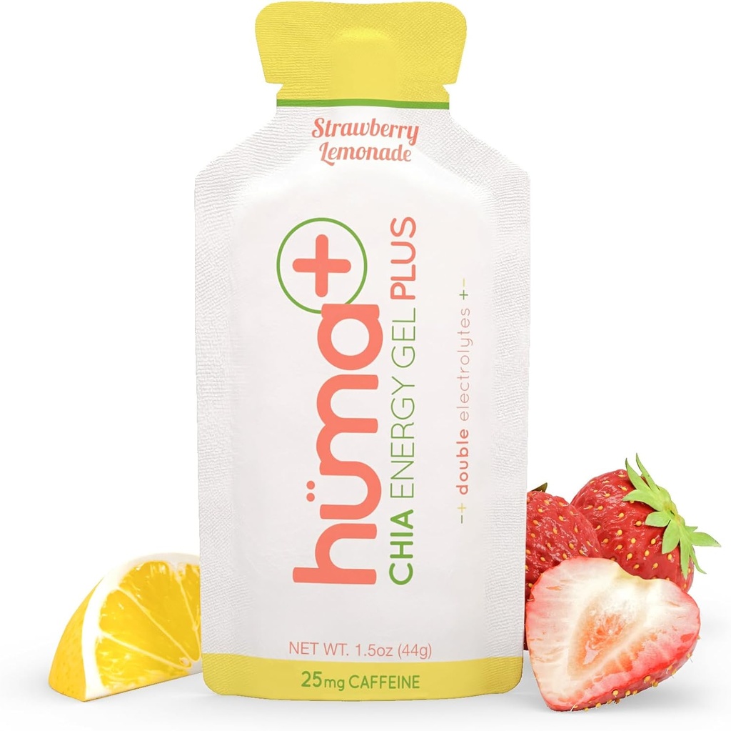 Huma Plus (Double Electrolytes) - Żel Chia Energy, Lemoniada truskawkowa, 24 żele, 25mg kofeina - Przyjazny do stomachów, żele do prawdziwej żywności