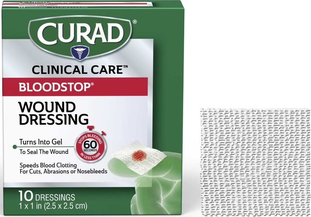 CURAD BloodStop ® Rana opatrunek 124; 1 "x 1" 124; Gaza hemostatyczna pomaga zatrzymać krwawienie szybko 124; Dla cięć, ściernice lub krwotoki z nosa 124; 10