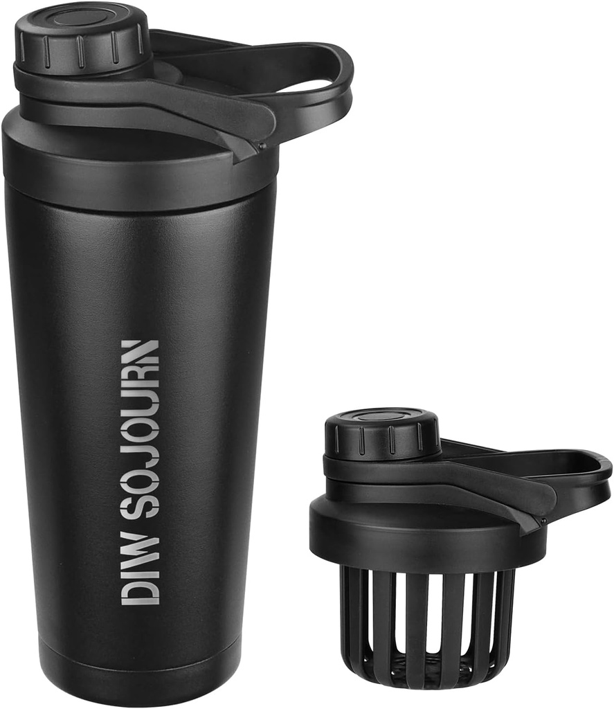 DIW 24 Oz Shaker Butelka, Stal nierdzewna Shaker Butelka z Noise- Free Design, Izolated Metal Shaker Cup for Protein Mix and Pre Workout, Gym Bottle Shaker (Czarny)