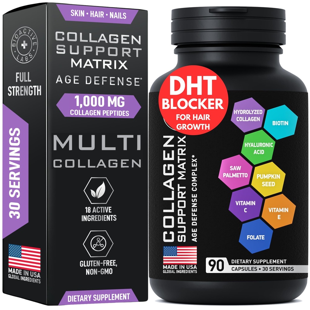 Age Defense Beauty Collagen Matrix - 2000 mg Multi Collagen Biotin Keratin Hialuronic Acid Saw Palmetto witaminy C Supplement Complex - DHT Blocker for Men & Women for Hair Growth - 90 Czapki bez kleju