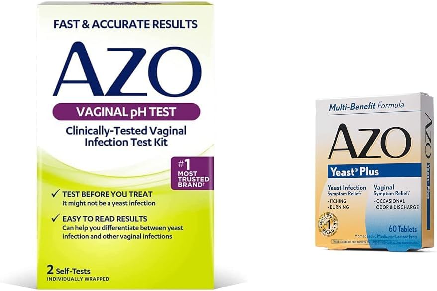 AZO Zestaw do testu pH pochwy i tabletki na Yeast Infection Relief, Zestaw do testu na infekcję w Klinically Tested z 60 Yeast Infection & tabletki na objawy pochwy