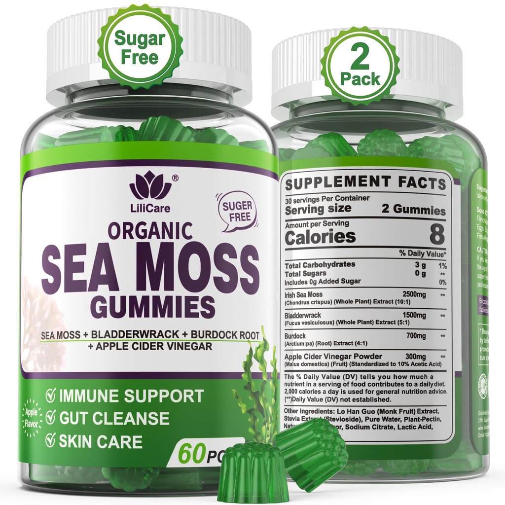 (2 Pack) Sea Moss Gummies - Irish Sea Moss Gummies for Adult & Kids - Advanced Superfood Seamoss Supplement with Organic Bladderwrack & Burdock Root Extract AducV for Daily Immune, Gut Cleanse, Vegan
