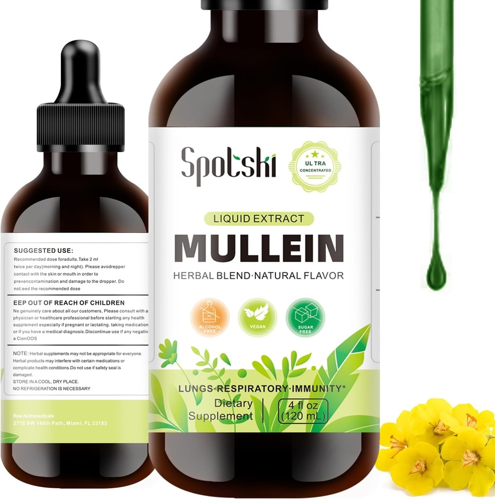 Mullein Drops for Lungs - Lung Detox dla układu oddechowego, Natural Sleep Aid & Wsparcie immunologiczne, Tincture Drops Non-GMO, Vegetarian 1 Dostawa miesiąc