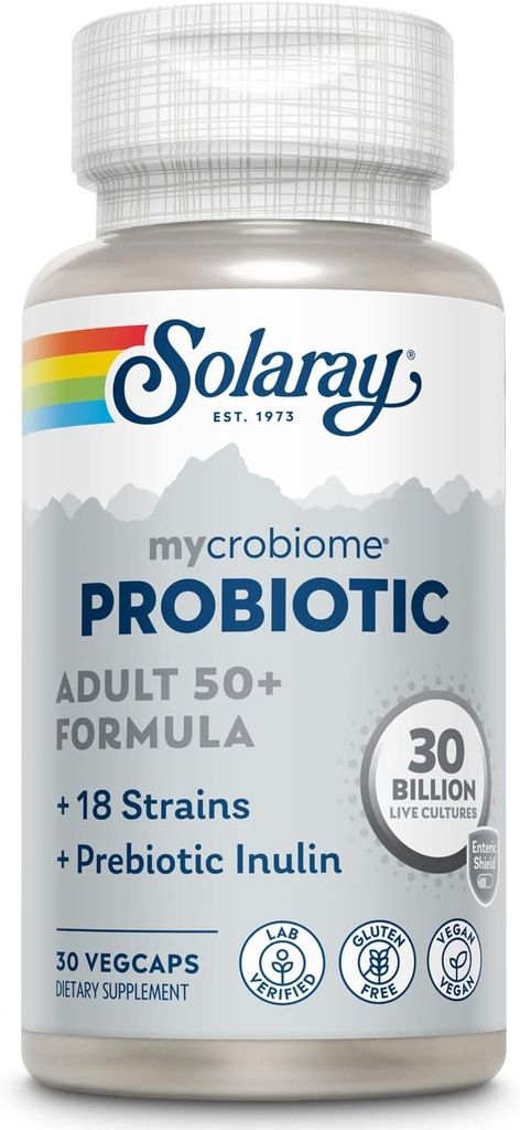 SOLARAY Mycrobiome Probiotic Adult 50 Plus Formuła, Probiotyki dla kobiet i mężczyzn, Zdrowa trawa, Metabolizm, Energia, Colon i Urynary Tract Wsparcie, 30 Miliard CFU, 30 Służenia, 30 VegCaps