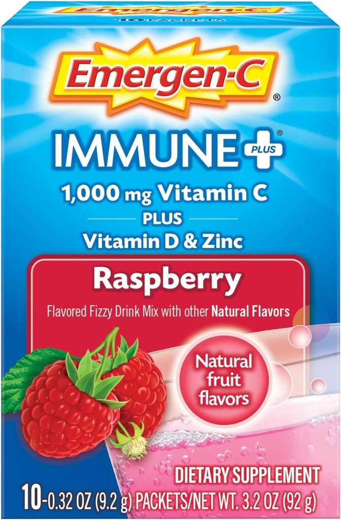 Emergen- C Immune + Witamina C 1000mg Proszek, Plus Witamina D I Cynk (Malina Flavor), Immunent Supplement Dietetyczny Fizzy Drink Mix, Przeciwutleniacze i Elektrolity, 0.32 Ounce (Opakowanie po 10)