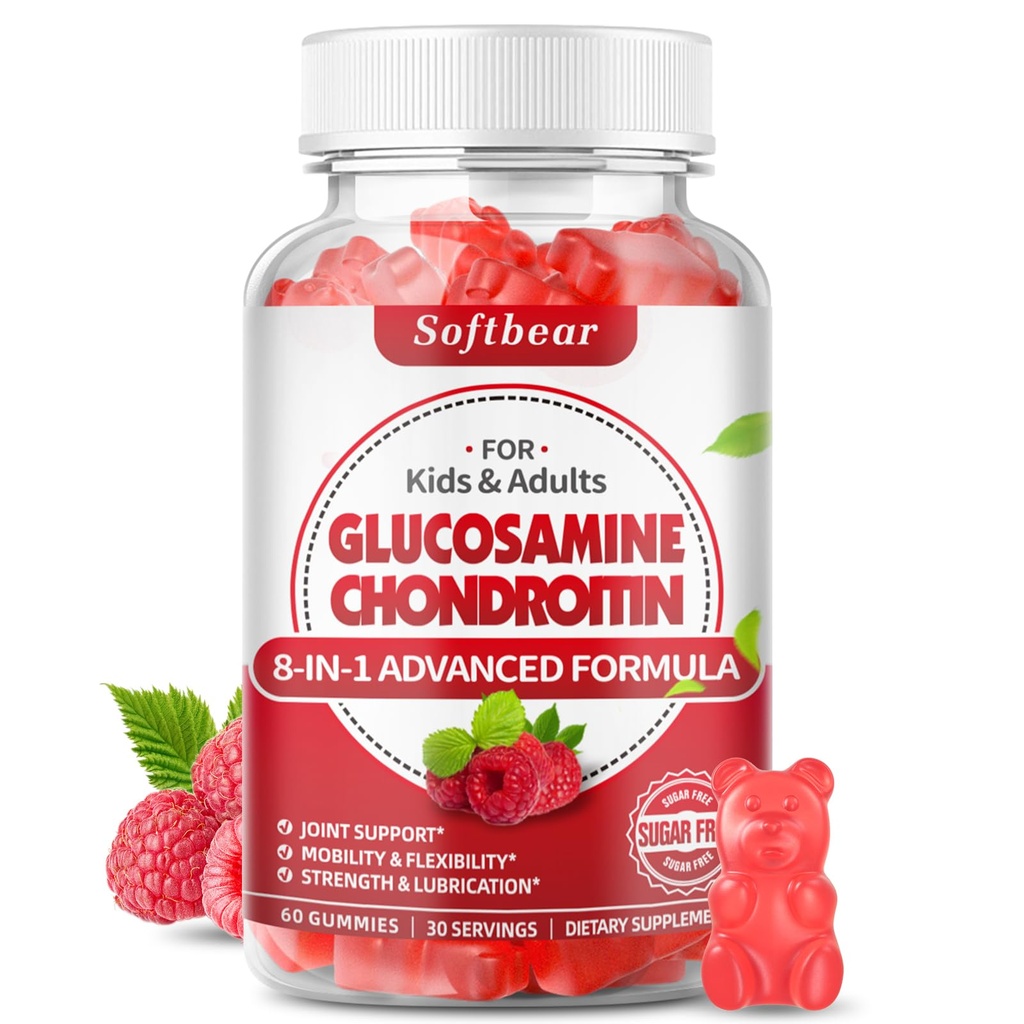 softbear Glukozamina Gummie Chondroitin, Glukozamina wolna od cukru Suplement z Elderberry Turmeric Supports Joint Health & Antioksydant, Malina Smakowane 60 Count