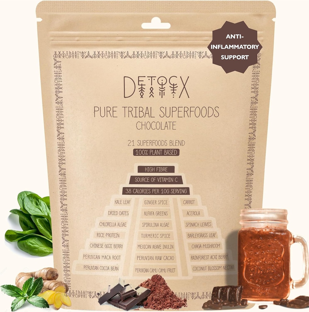 21 Supergreens Proszek 124; Czekolada 124; Energia 124; Przeżywanie 124; Superfoods 124; Organiczne, Probiotyczne, Prebiotyczne, Fibre, Witaminy, Minerały 124; Gluten & Dairy & Soy Wolny 124; Wegan 124; 30 + Sługi / 8.82oz