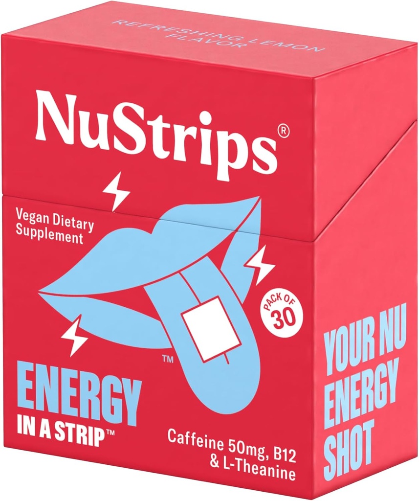 NuStrips ™ Fast- Rozpuszczanie paski energii z 50mg kofeiny, L- Theanine & Witamina B12 - Natychmiastowa energia i Focus Bez Jitters lub Crash - Działa szybciej niż kawa - Odświeżanie cytryny - 30 Paski