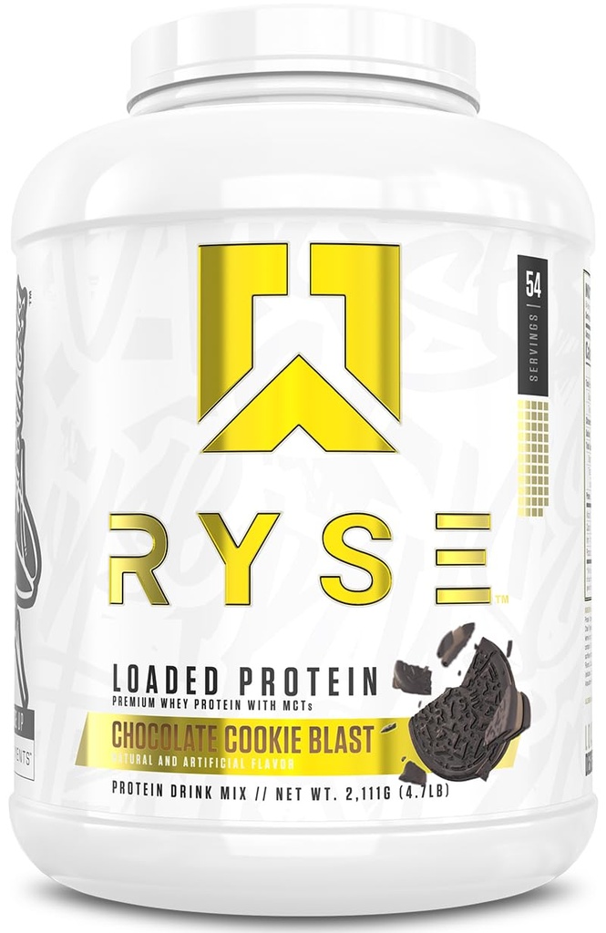 RYSE załadowany proszek białkowy - Czekoladowy Cookie Blast - 25g izolatu białka serwatki & Koncentrat z włókna prebiotycznego & MCT - Niskie węglowodory, niski cukier, Przyjazny do spożywania - 54 Słupki / 4 lb Tub