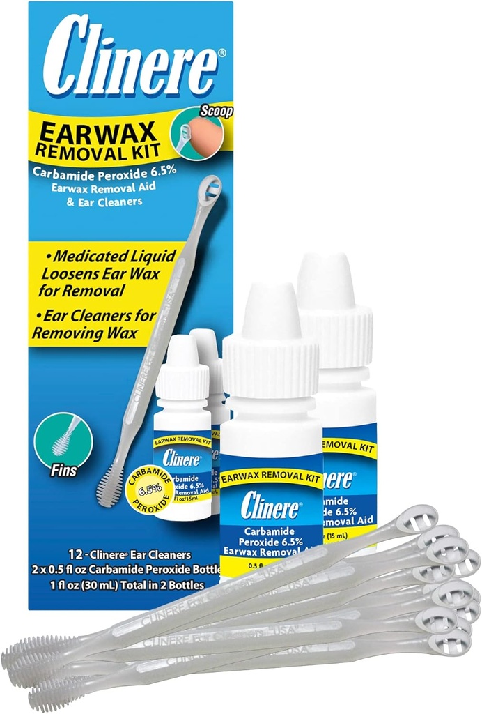Clinere Earwox Zestaw do usuwania, Bezpieczny i Delikatnie Czysty Wosk Uszy, Itch Relief, Działa natychmiast .5oz Nadtlenek karbamidu, 2 x .5 Fl Oz z 12 Sticks