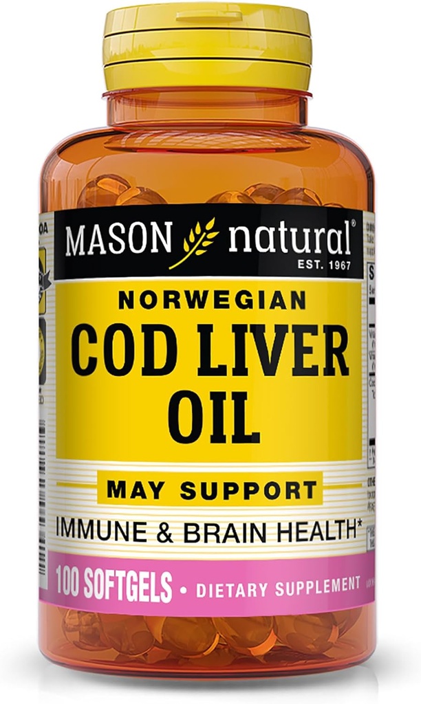 MASON NATURAL Cod Liver Oil Plus Witamina A & D3 - Zdrowe serce i funkcje mózgu, Poprawa odporności, Wspiera ogólne zdrowie, 100 Softgels