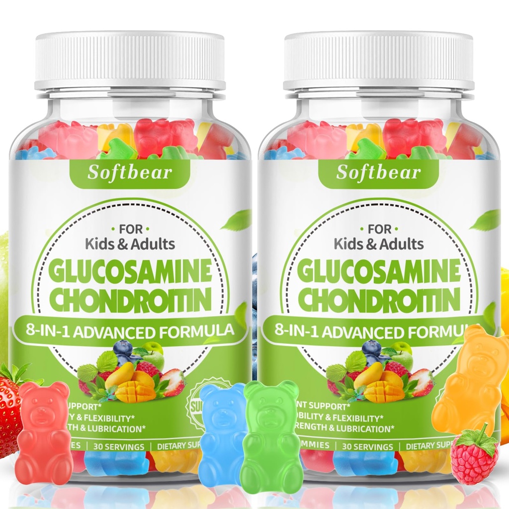softbear Glukozamina Chondroitin Gummies z MSM Triple Strength, Organic Chewable Glucozamina Chondroitin Suplement do wspólnego wsparcia Wegan mieszany aromat owoców 120 Gummies