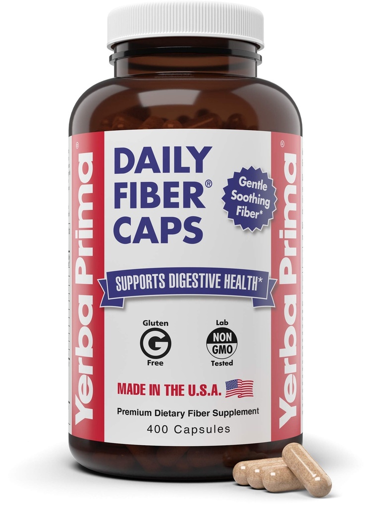 Yerba Prima Daily Fiber Caps Formula, 400 Kapsułki - Zarówno rozpuszczalne i nierozpuszczalne - z pyllium nasion Husks, Acacia Gum, Apple Fiber i więcej - Suplement diety