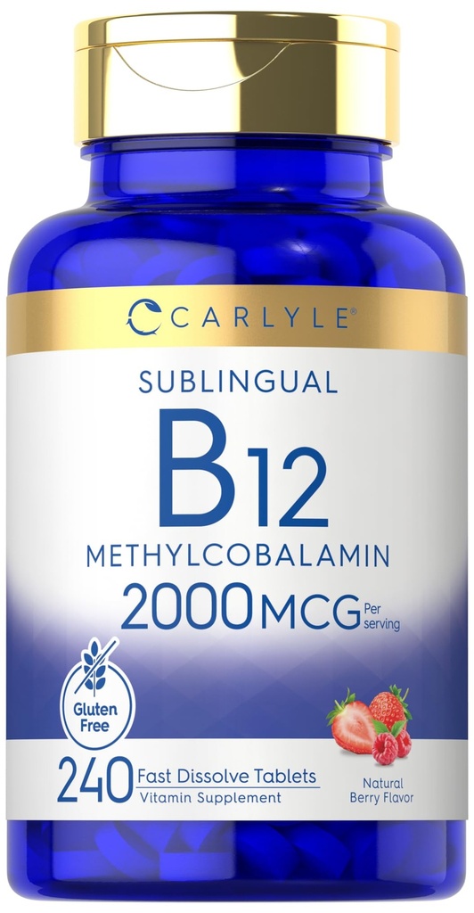 Carlyle B12 Witamina 2000 μg 124; 240 Szybkie rozpuszczenie tabletek 124; Podjęzykowe Methylcobalamina 124; Berry Flavor 124; Wegetarian, Non-GMO & Gluten