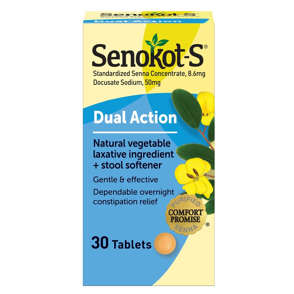 Senekot- S Dual Action Natural Vegetable Laxative Składnik Plus Stool Softener Tablets, Docusate Sodu, Senna Koncentrat, Delikatnie, Nocna ulga od sporadycznych zaparć, 30