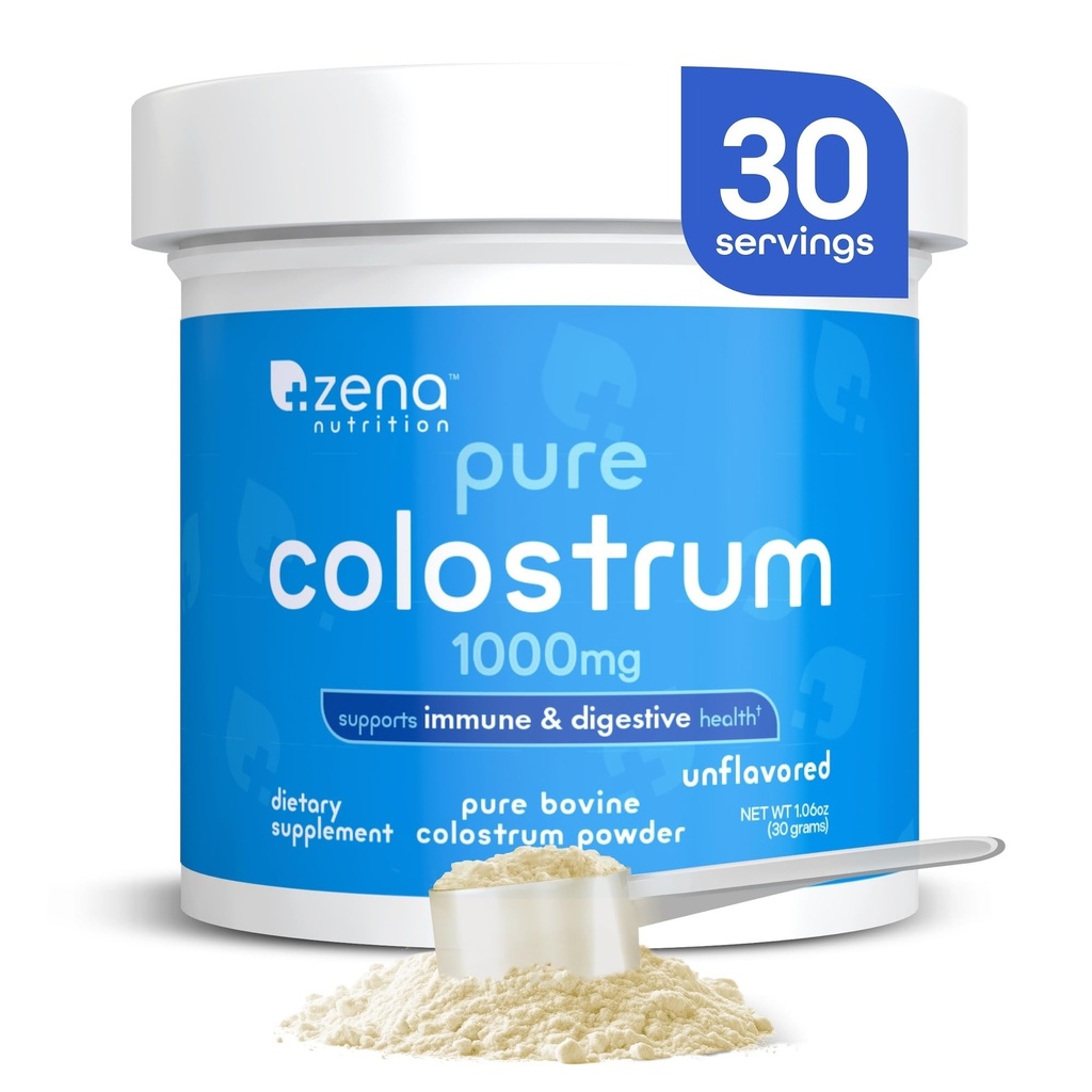 Zena Nutrition Bovine Colostrum Powder Supplement, 1000mg Pure Colostrum, Wspiera zdrowie immunologiczne i trawienne, Promotes Gut Health, Keto, Gluten Free, Fat Free, Grass Fed, Unflavored, 30 Służenia