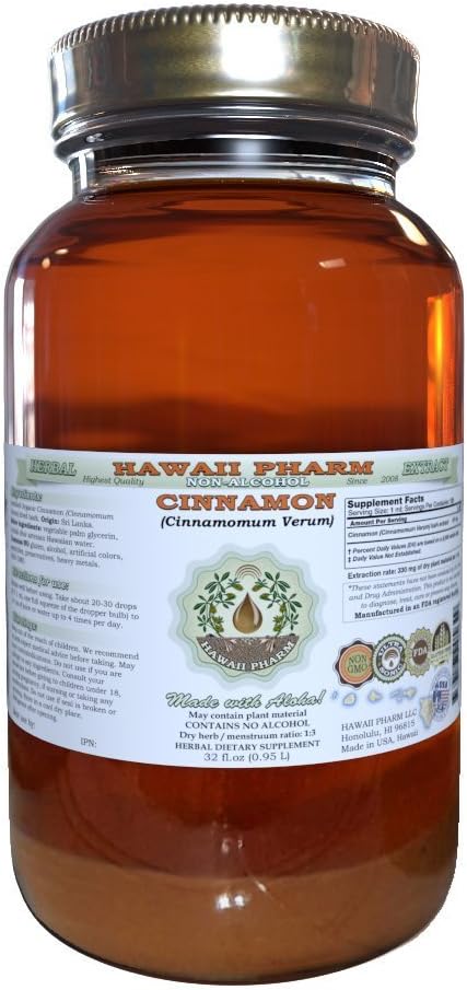 Cynamon Bezalkoholowy ekstrakt płynny, Cynamon (Cinnamomum verum) Suszony Bark Glicerite Hawaii Pharm Natural Herbal Supplement 32 oz Unfiltered