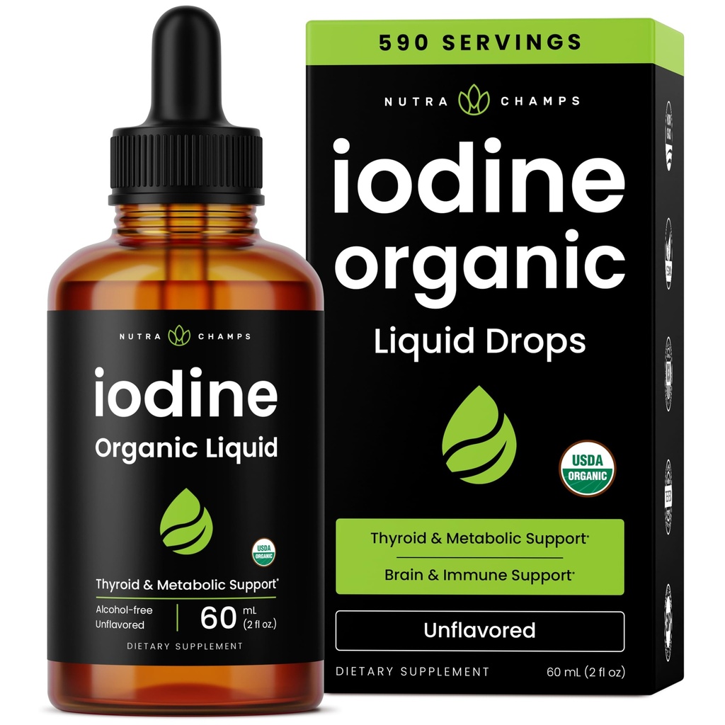Organiczne płynne krople jodu - 250 mcg Suplement jodu dla kobiet i mężczyzn - Roztwór jodku potasu 250 mcg - 590 Służenie - Tyroid, Hormon i Wsparcie Metaboliczne - Non-GMO, Wegan NPN 80119762