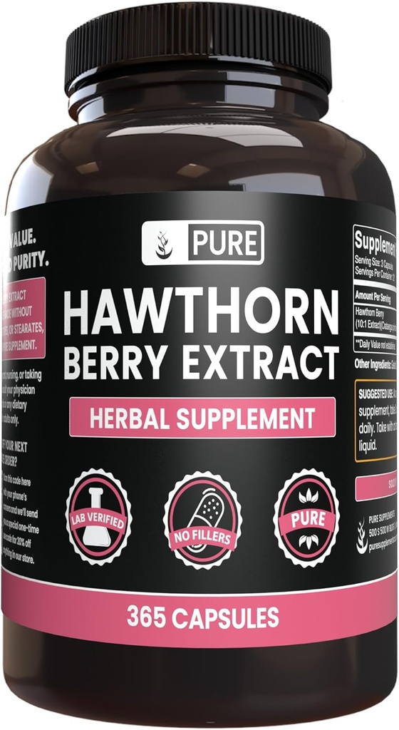Czyste składniki oryginalne Hawthorn Berry Extract No Magnez Or Rice Fillers, Zawsze Czysty, Laboratorium zweryfikowane (365 kapsułki)