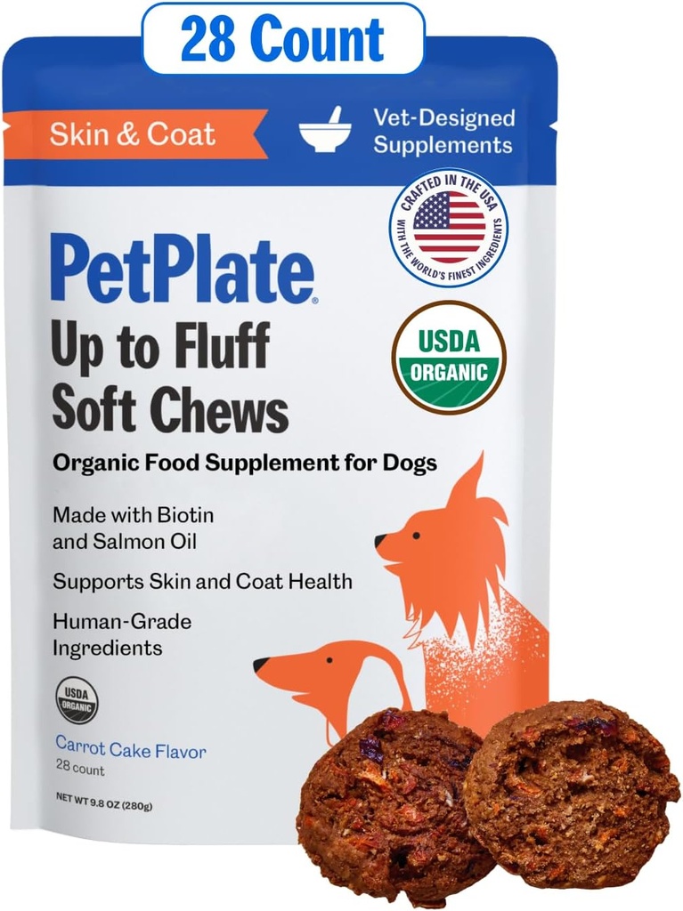 PetPlate Up to Fluff Soft Chews for Dogs, Skin & Coat Support, USDA Organic Supplement, Grain-Free, Humanity-Grade, obejmuje olej łososiowy i Biotin, Pet Supplies (Opakowanie z 1, 9.8 unce)