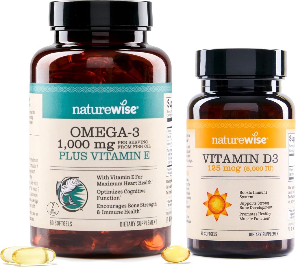 NatureWise High-Potency 1000mg Omega 3 z 600mg EPA, 400mg DHA, & Witamina E & Witamina D3 5000iu (125 μg) Zdrowe funkcje mięśni i immunologiczne