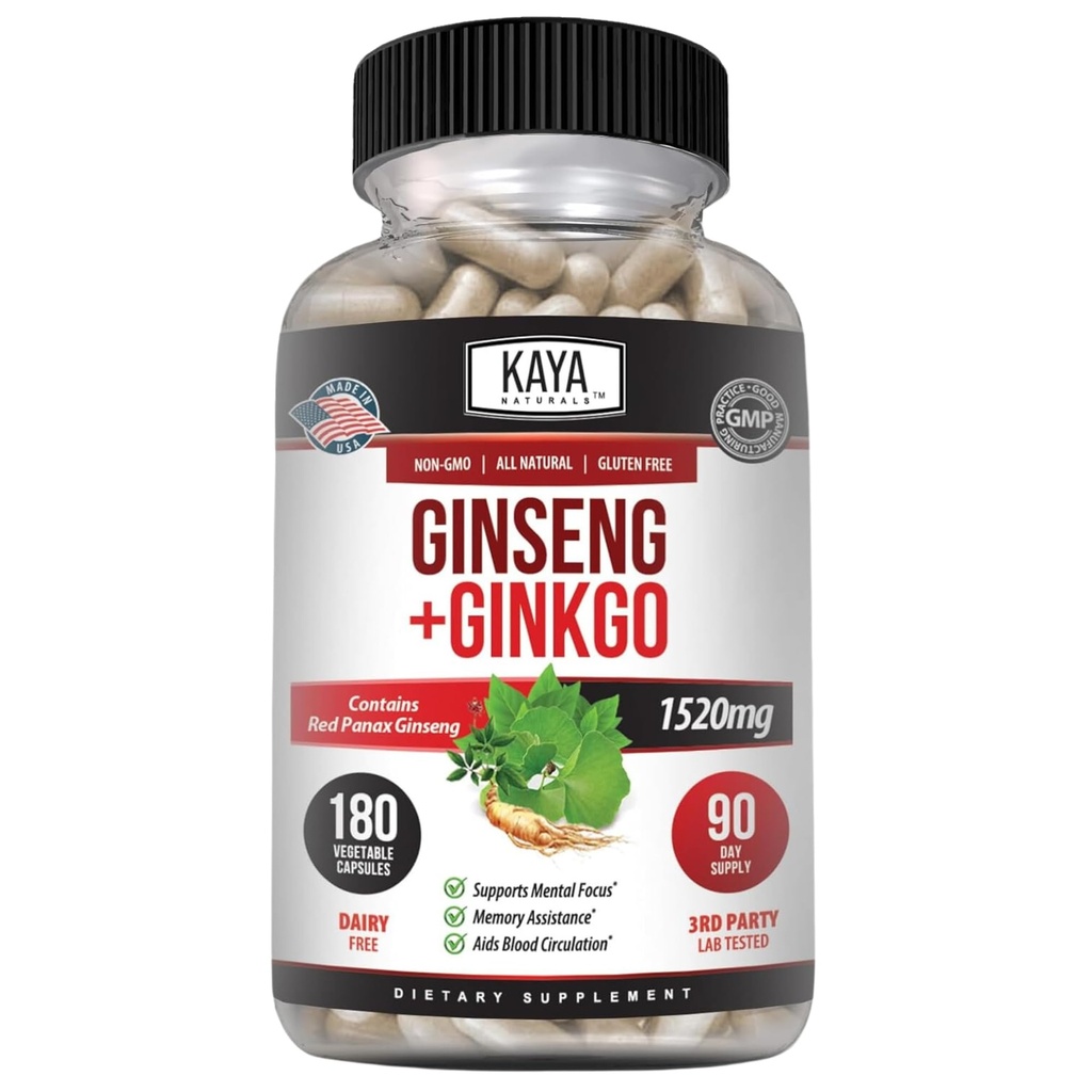 Kaya Naturals Red Panax Ginseng + Ginkgo Biloba - Nootropowe uzupełnienie mózgu - Wsparcie Kognitywne i koncentracyjne - Booster mózgu, Focus i Suplement Pamięci - 180 Kapsułki