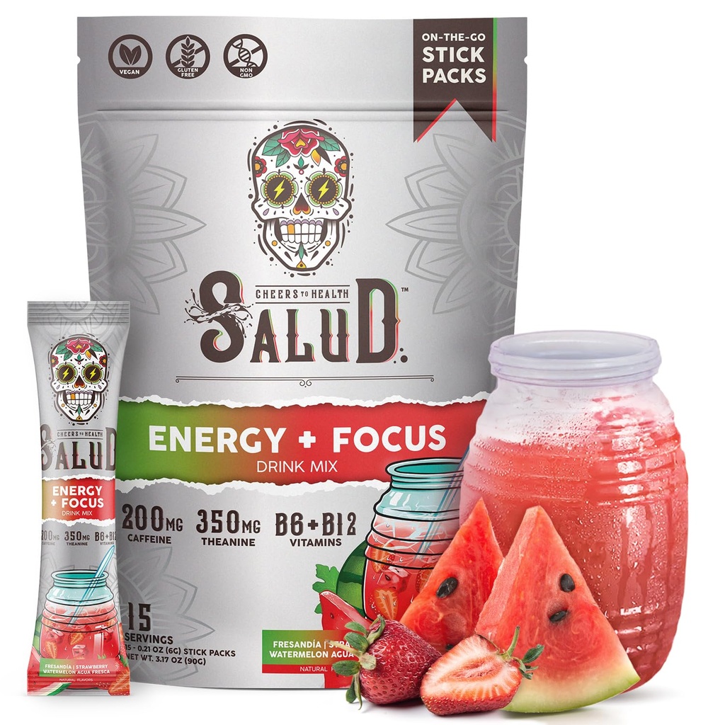 Salud 2- in-1 Energy Drink Powder + Focus, Truskawki Arbuz, Kofeina organiczna, B6 + B12, Theanine, Clean Energy Drink Pakiety, Fresandia Agua Fresca Mix, Non-GMO, Gluten Free, Wegan, 1g cukru, (15 Sług)