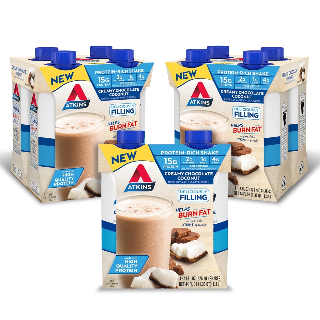 Atkins Creamy Czekoladowe białko kokosowe Shake, 15 g białka, 2g netto węglowodanów, 1 g cukru, Keto friendly, 12 Hrabia