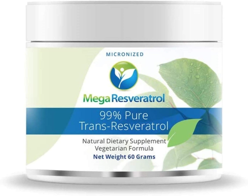 Mega Resveratrol Proszek, stopień farmaceutyczny, 99% Czysty mikronizowany Trans- Resweratrol, 60 Grams Proszek, Czystość Certified. Substancje pomocnicze wolne.