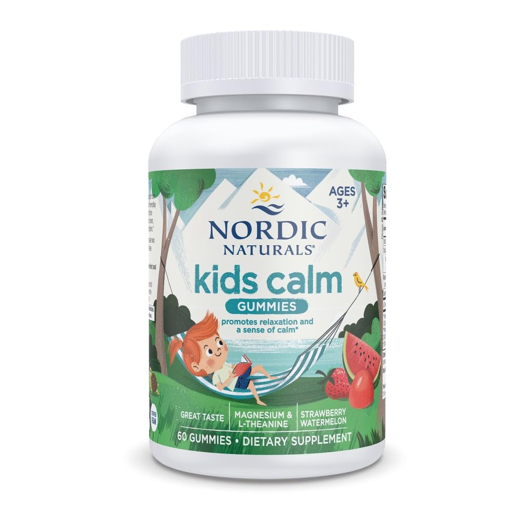 Nordic Naturals Kids Calm Gummies - Arbuz truskawkowy - 60 Gummies - Magnezu L- Theanine Supplement - Uspokojenie dla dzieci - Wsparcie relaksacyjne - Do 60 Służenia