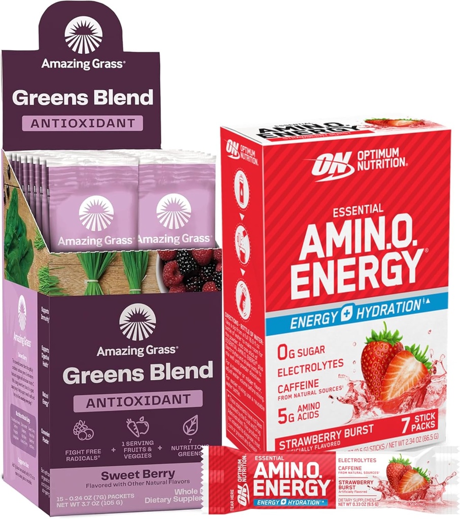 Amazing Paleta trawy Optimum Nutrition Esential Amino Energy Plus Electrolytes Stick Packs, Energy Powder, Truskawka Burst, 7 Hrabia Zielonych Superfood Antioksydant: Sweet Berry, 15 Służenia