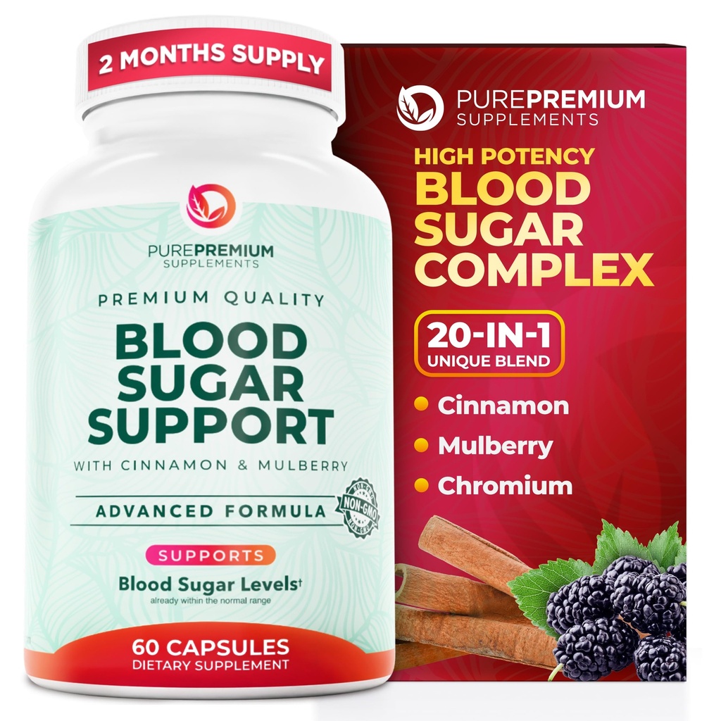 PurePremium Normal Sugar Support Supplement - 20 Active Ingredients Complex to Support Blood Sugar Levels Just in The Normal Range - z cynamonem, Gorzką Melon, Chrom, Mulberry - 60ct