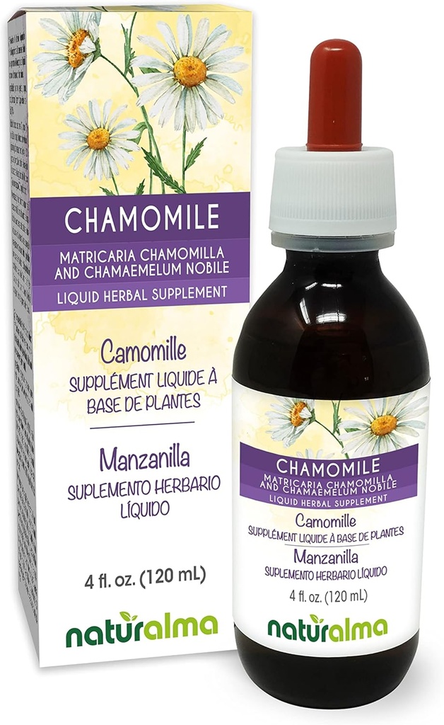 Naturalma niemiecki i rzymski rumianek (Matricaria chamomilla i Chamaemelum nobile) Kwiat bez alkoholu nalewka - 4 fl Oz Liquid Extract in Drops - Herbal Supplement - Vegan