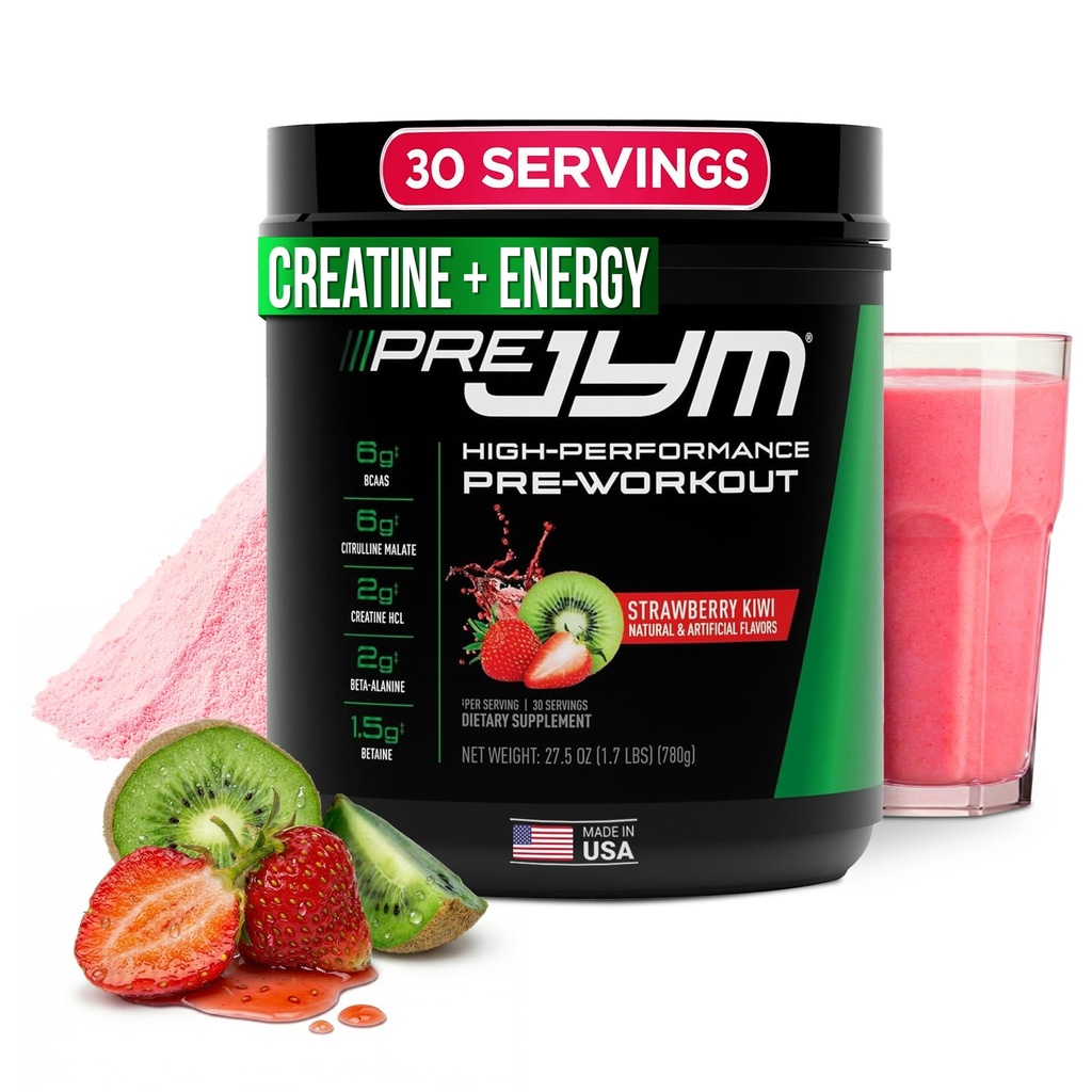 JYM Supplement Science Pre JYM Truskawka Kiwi Pre Workout Proszek - BCAA, Nootropiki, Creature HCI, Citruline, Beta- Alanina, Betaine, Tauryna, Huperzine 30 Służenie