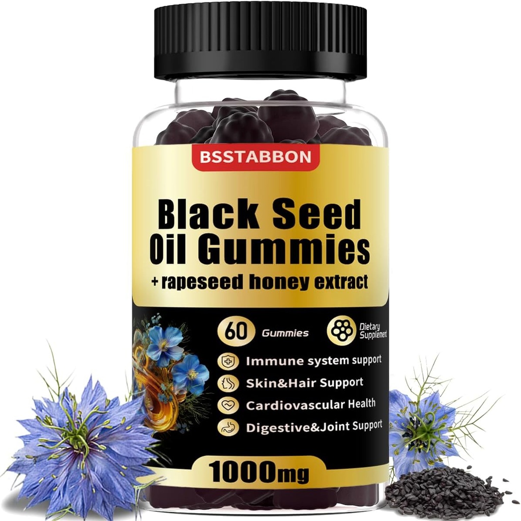 Czarne Gumiaki Nasienie z 1000mg Organic Black Seed Oil, 25mg ekstrakt miodowy rzepaku, Witamina B6, B12 i cynk do wsparcia układu immunologicznego (60 Gumiami) (60 Hrabia)