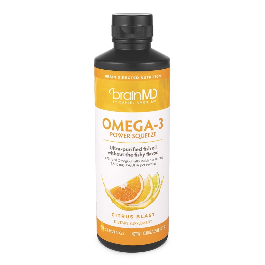 BRAINMD Dr Amen Omega-3 Power Squeeze, Citrus Blast - 16.8 oz - Wsparcie układu sercowo-naczyniowego, Mózgu i układu immunologicznego Zdrowie - Gluten Free - 30 Służenia