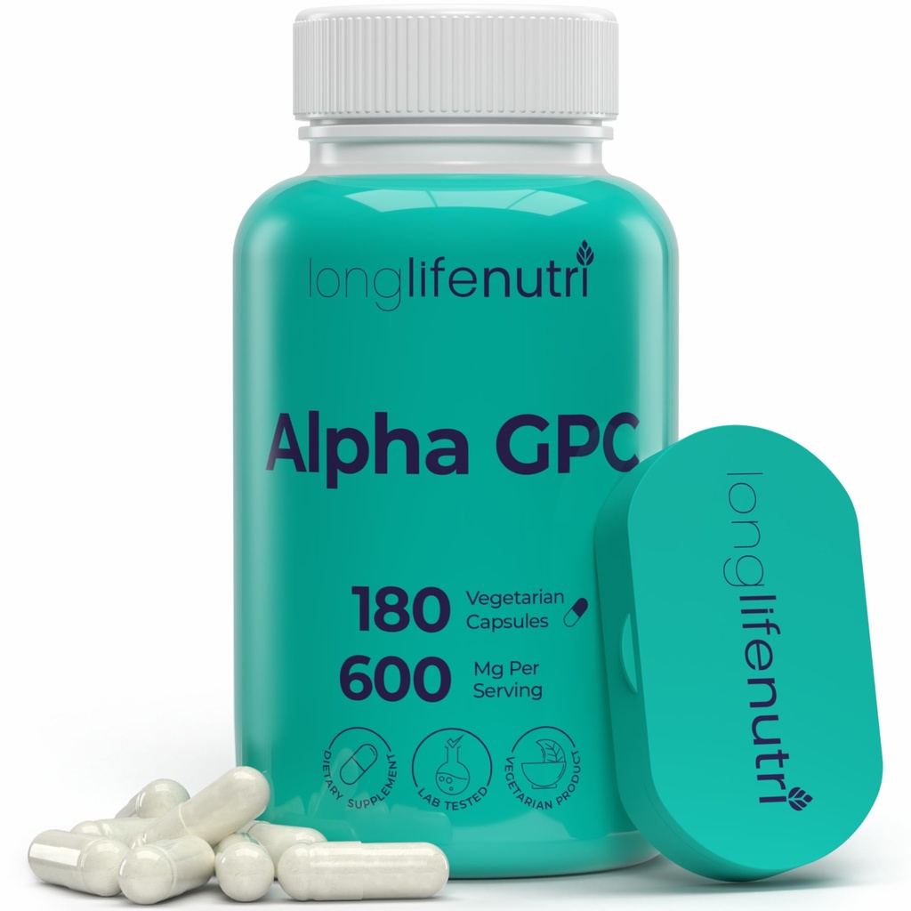 Alpha GPC Choline Supplement 600mg - 180 Kapsułki wegetariańskie, Wysoka Czystość Nootrop dla Daily Energy, 3- Miesiąc Dostawy, Acetylocholina Źródło Kognitive & Mental Clarity, GMP Certified, Made in USA