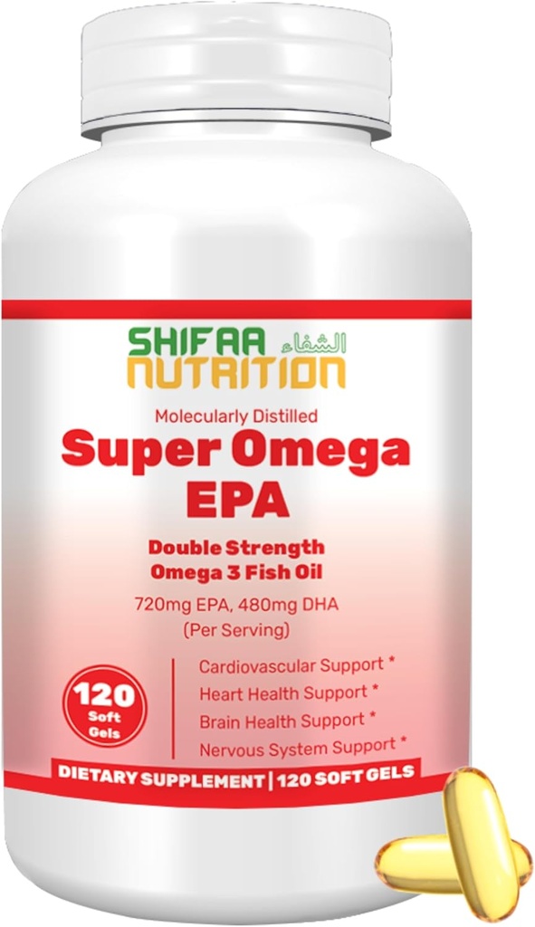 SHIFAA NUTRITION Halal Fish Oil Softgels 120 Ct, Double Force - Halal Omega 3 Fish Oil Supplements. Dzikie złowione, niezmodyfikowane genetycznie i oczyszczone