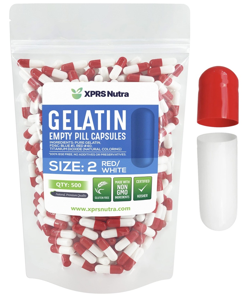 XPRS Nutra Rozmiar 2 Puste kapsułki - 500 Licz Puste kapsułki żelatynowe - Pigułki Diy Kapsułka Napełnianie - Czysty żel piórowy dla bydła Kapsułki Do- It- Yourself Supplements (Red / White)