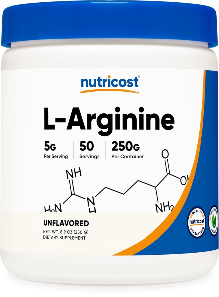 Nutricost L- arginina (250 gramów) - czysty proszek L- arginina - 5000mg na jedną porcję; 50 Służenie