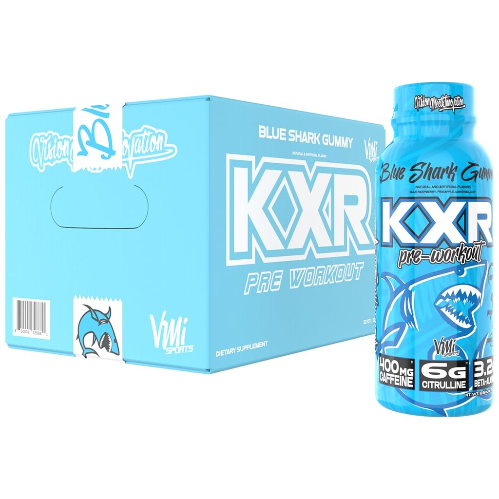 VMI Sports KXR High Stimulant Pre- Workout Energy Ready to Drink 400mg Kofeina, 6g Citrulina, 3,2g Beta- Alanina Bis124; Pyszne, Wygodne, Mocne 124; 12,5 oz Butelki (Blue Gummy, 12 Butelki)