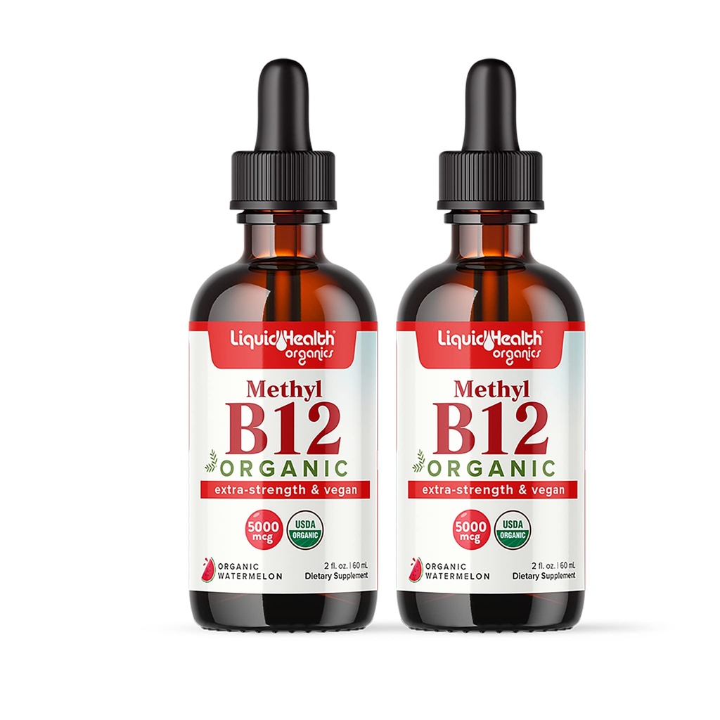 Liquidhealth USDA organiczna metylowa witamina B12 metylkobalamina krople płynne z Tarta sok wiśniowy - Boost Energy, Immune Support, Poprawa pamięci i koncentracji - USA Made, Wegan, Non-GMO (2 Pack)