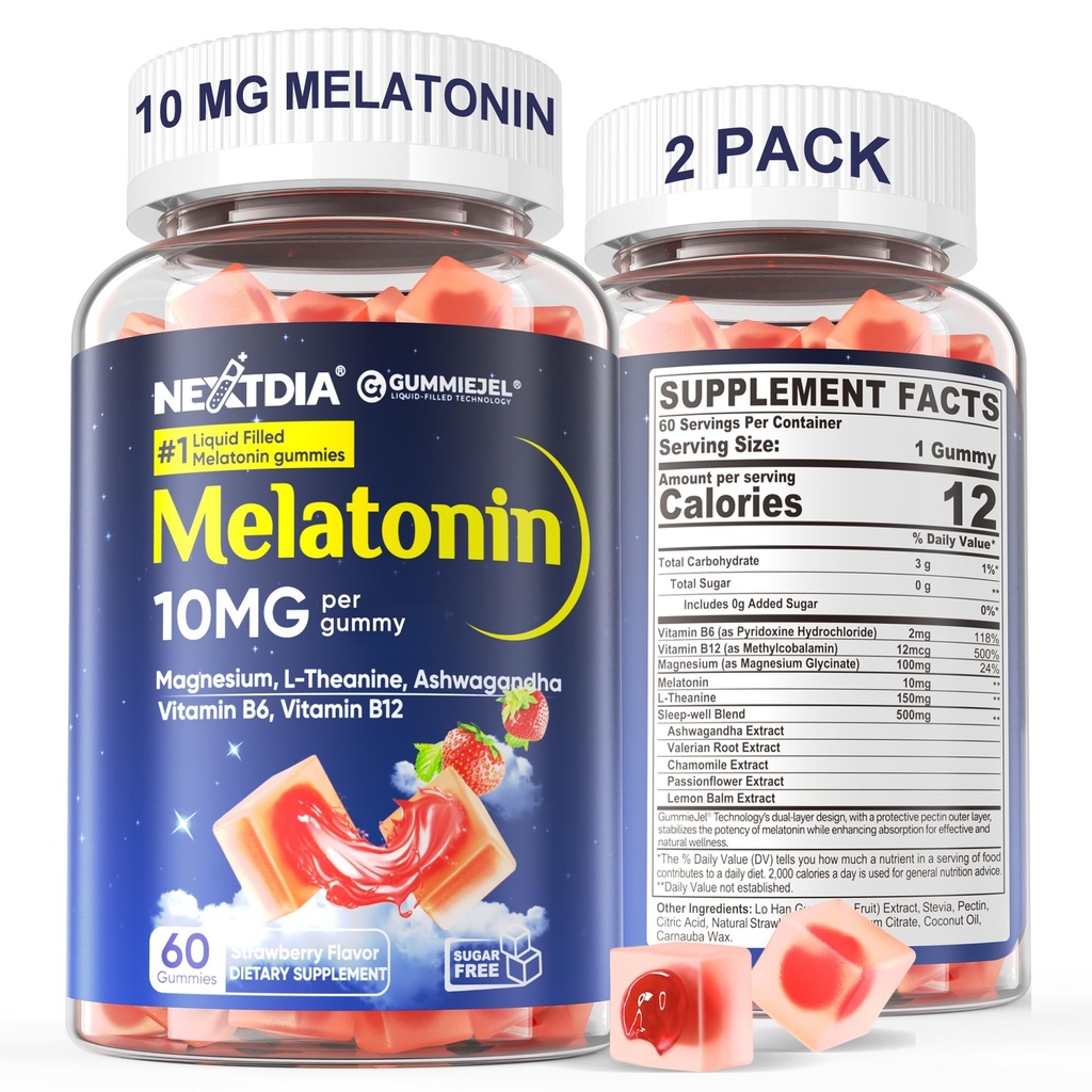 2 Pack Sugar Free Melatonin Gummies 10mg 20mg Magnezu Glycinate Melatonina dla dorosłych, Ashwagandha, L- Theanine, B6, B12, Lemon Balm i Rumianek do głębokiej relaksacji, Przeciwutleniacz, Wegan, 120 Dzień